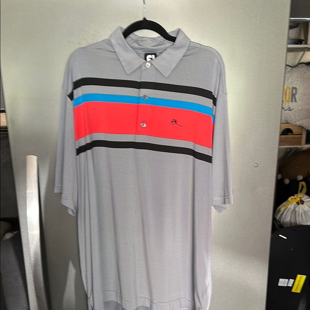 Gray Polo Shirt with Red and Blue Stripes